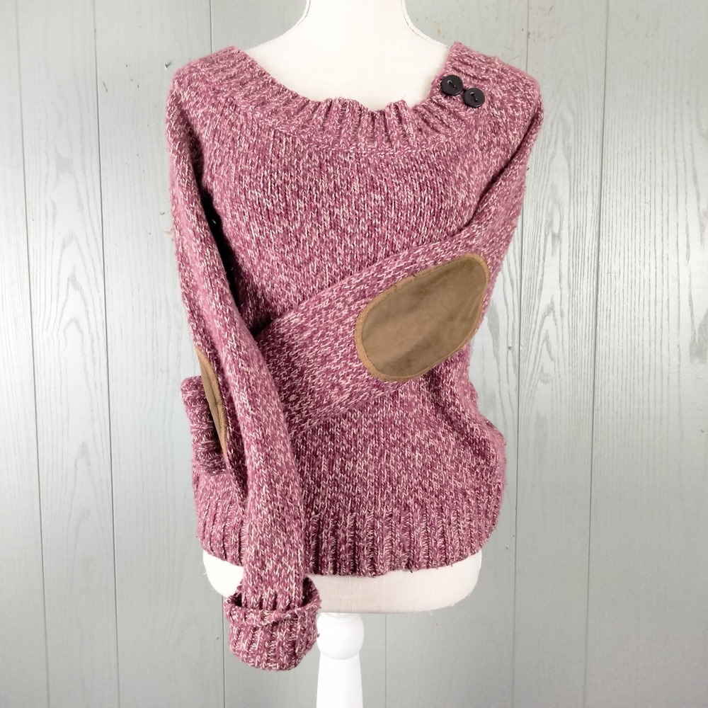 Y2K Old Navy Cozy Sweater Womens M Elbow Patches Burgundy Cabin Lambswool Angora